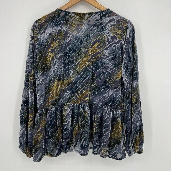 Sundance Med Velvet Burnout Sheer Silk V-Neck Peplum Long Sleeve Blouse Boho - Picture 8 of 9